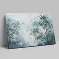 Framed canvas print of misty bamboo grove with mountains in the background