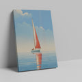 Framed canvas print of a red sailboat on serene blue waters with a clear sky