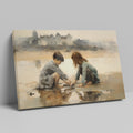 Framed canvas print of two children playing by the shore with a castle in the background