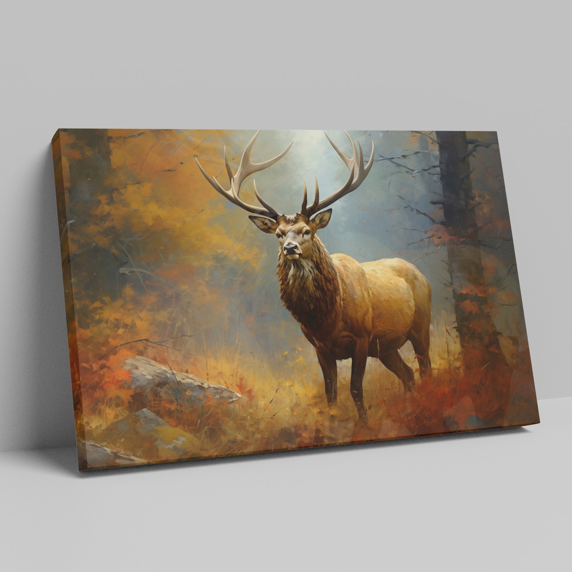 Framed canvas print of a majestic stag standing in an autumn forest with vibrant foliage