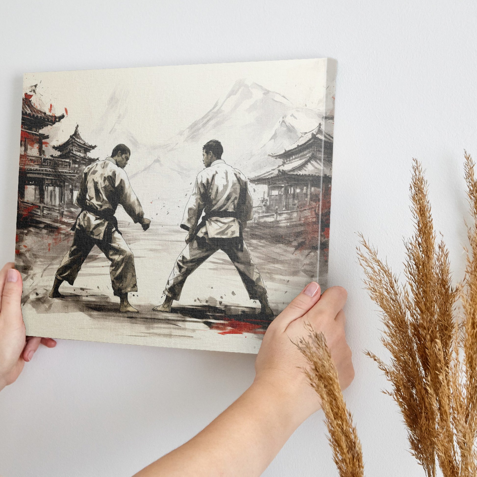 Framed canvas print depicting two karate practitioners in a traditional dojo with red accents