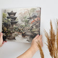 Framed canvas print of a tranquil traditional Asian landscape with a Japanese pagoda and garden