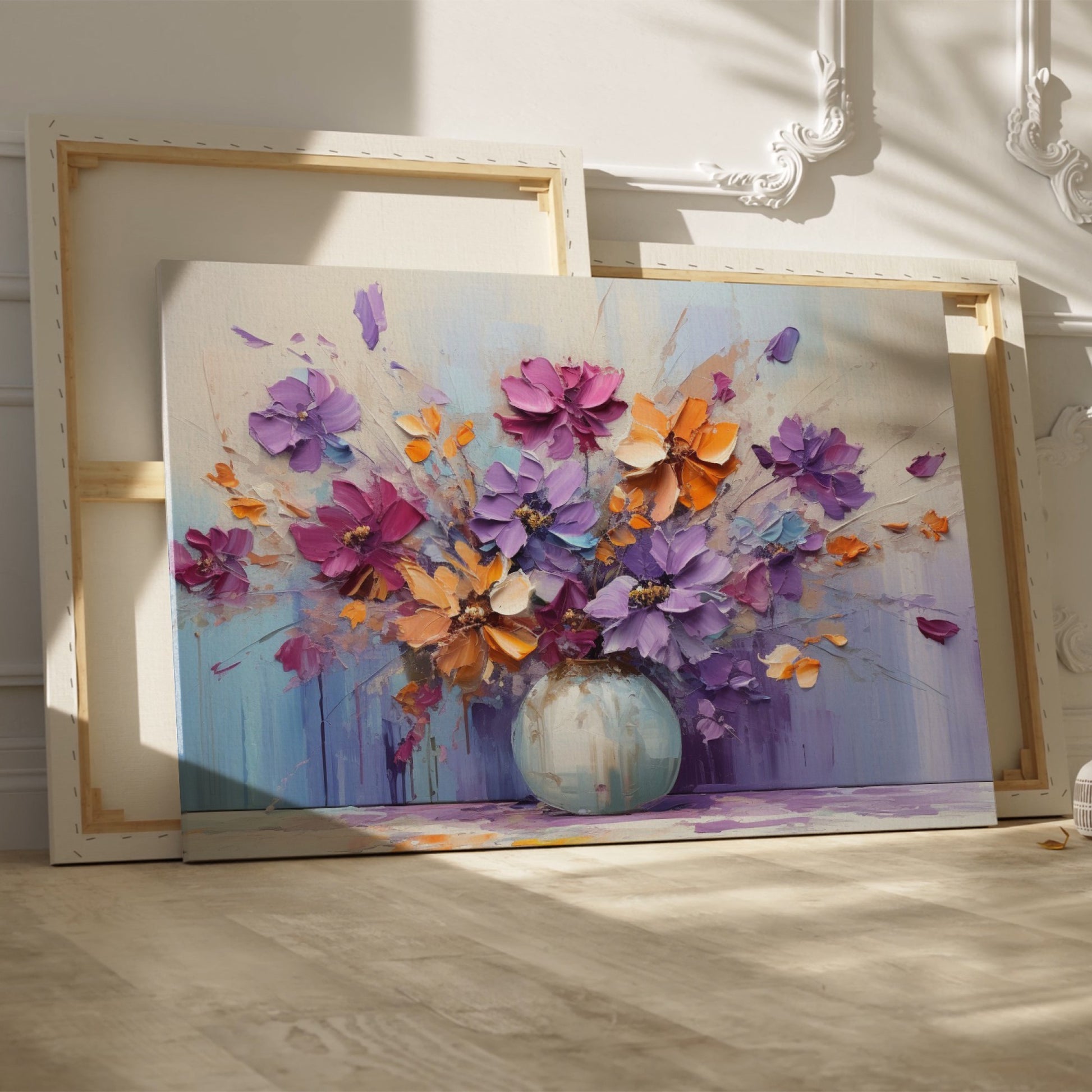 Framed canvas print of a bold textured floral painting with vibrant purple, blue, and orange flowers in an abstract vase