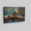 Framed canvas print of a vibrant kingfisher with abstract brushwork and warm colour palette