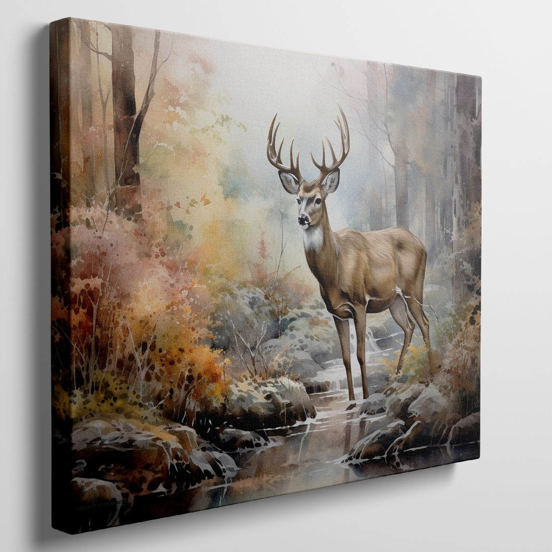 Framed canvas print of a stag in a watercolour autumn forest