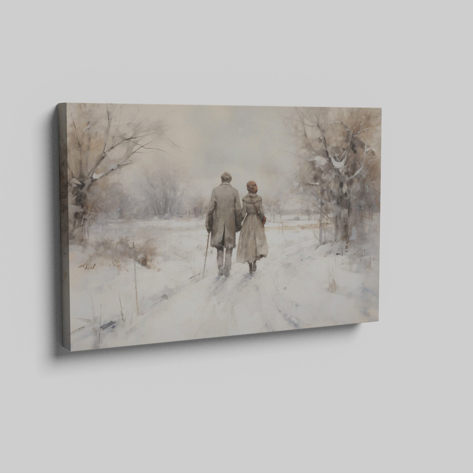 Framed canvas print of a couple walking hand-in-hand through a tranquil snowy landscape with warm earthy tones and soft whites.