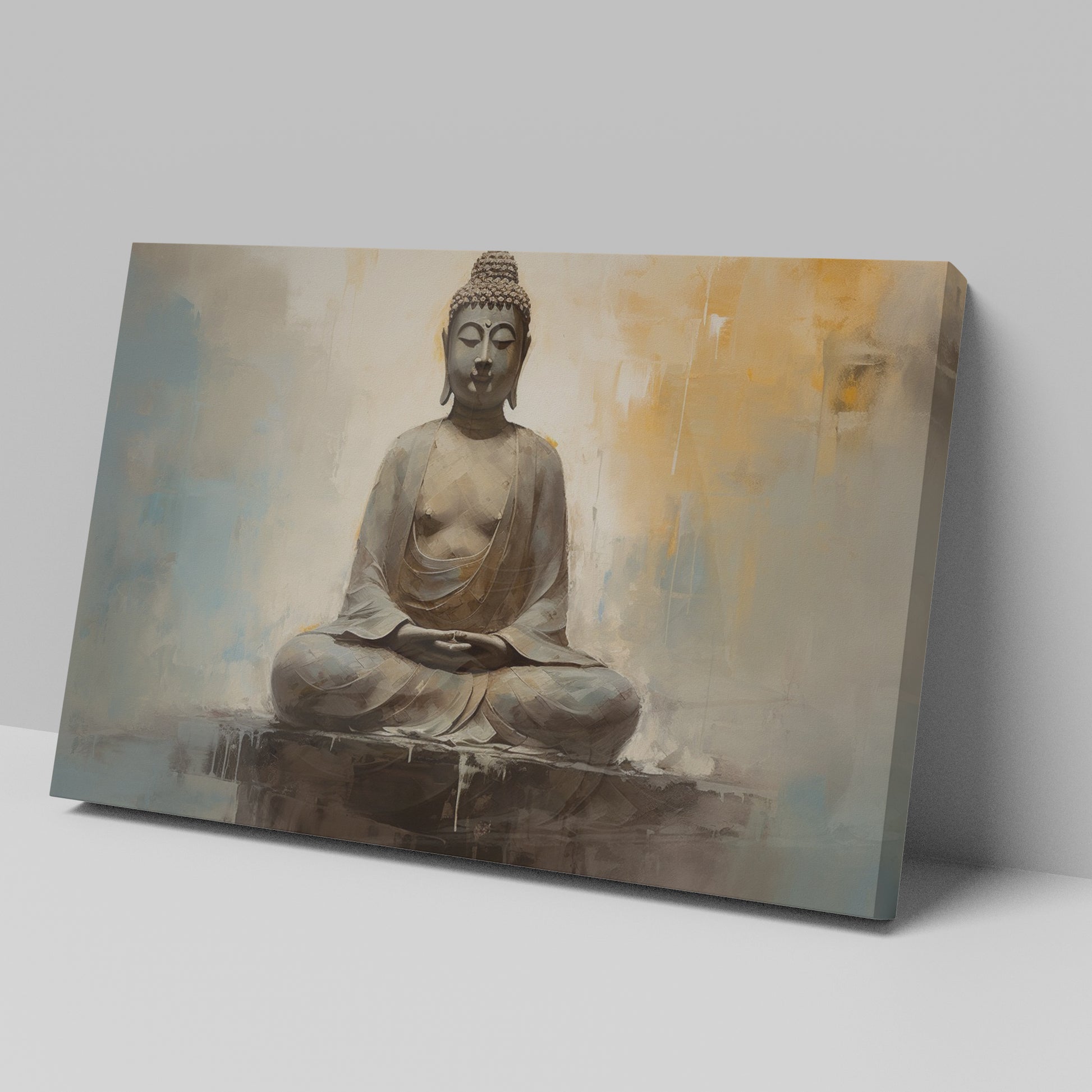 Framed canvas print of a serene Buddha in meditative pose with abstract warm and neutral tones