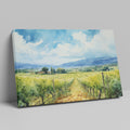 Framed canvas print of a scenic watercolor vineyard landscape with lush greenery and open sky