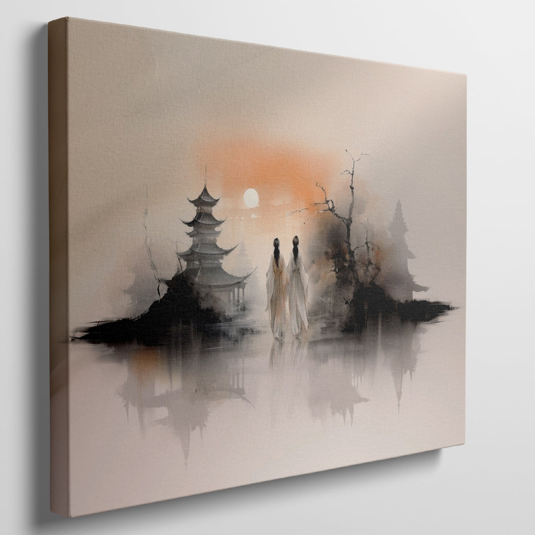 Framed canvas print of a serene oriental landscape with a sunset, pagoda, silhouetted figures, and peaceful water reflection in warm tones.