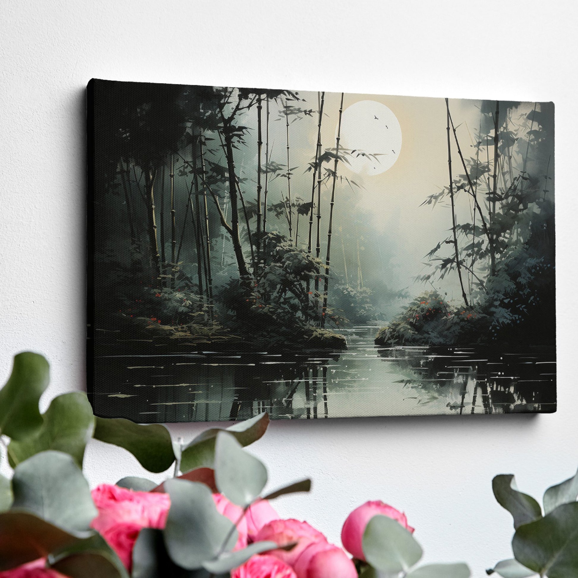 Framed canvas print of a serene bamboo forest under moonlight with water reflections and a misty ambiance