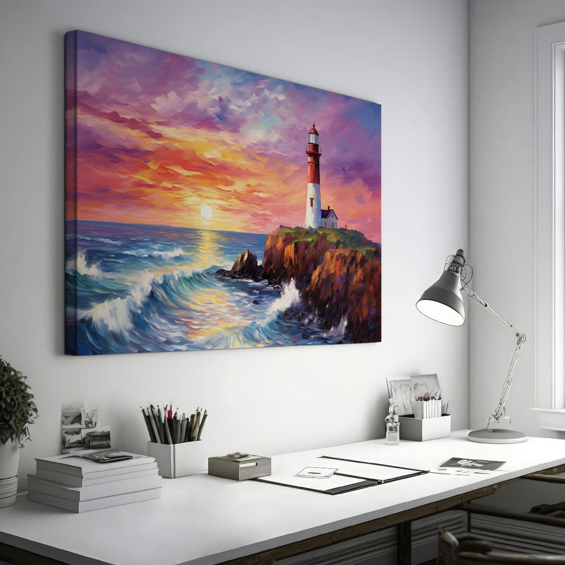 Impressionist painting of a lighthouse at sunset with vibrant red and blue tones and dynamic waves