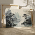 Framed canvas print of Oriental ink wash painting with misty mountains and pagoda