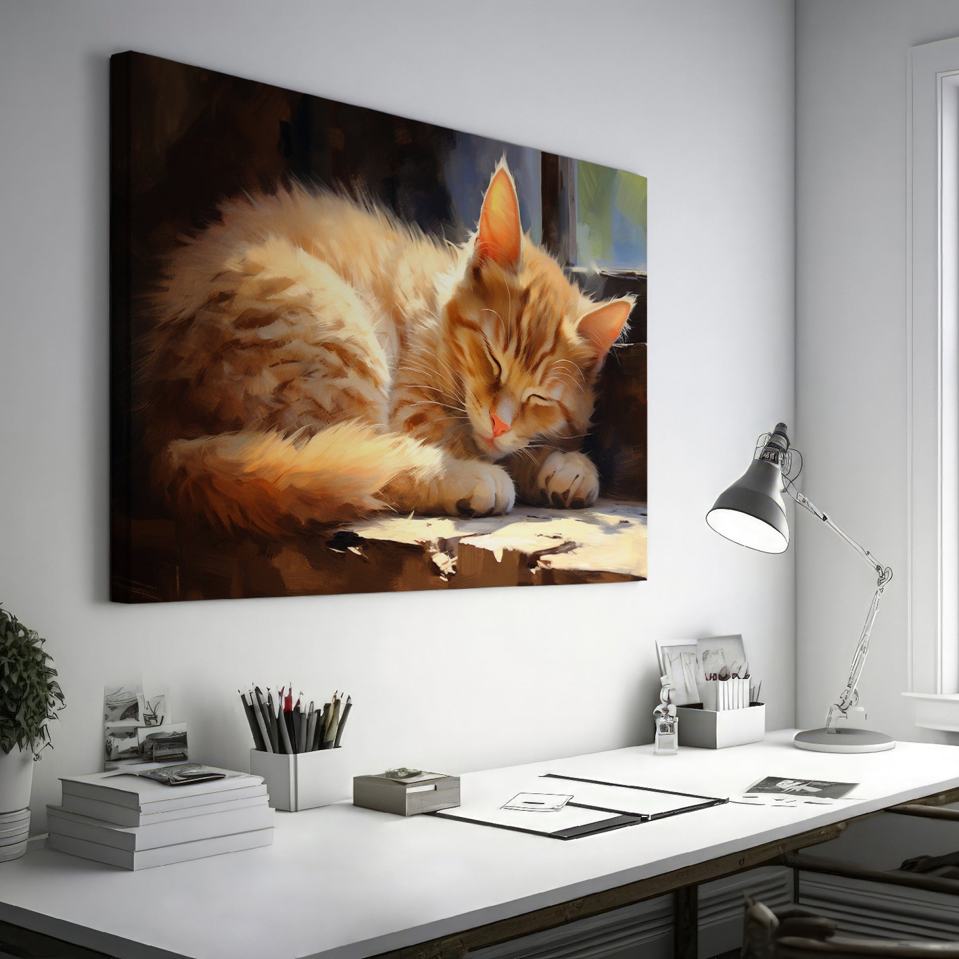 Framed canvas print of a realistic sleeping tabby cat in warm, sunlit tones