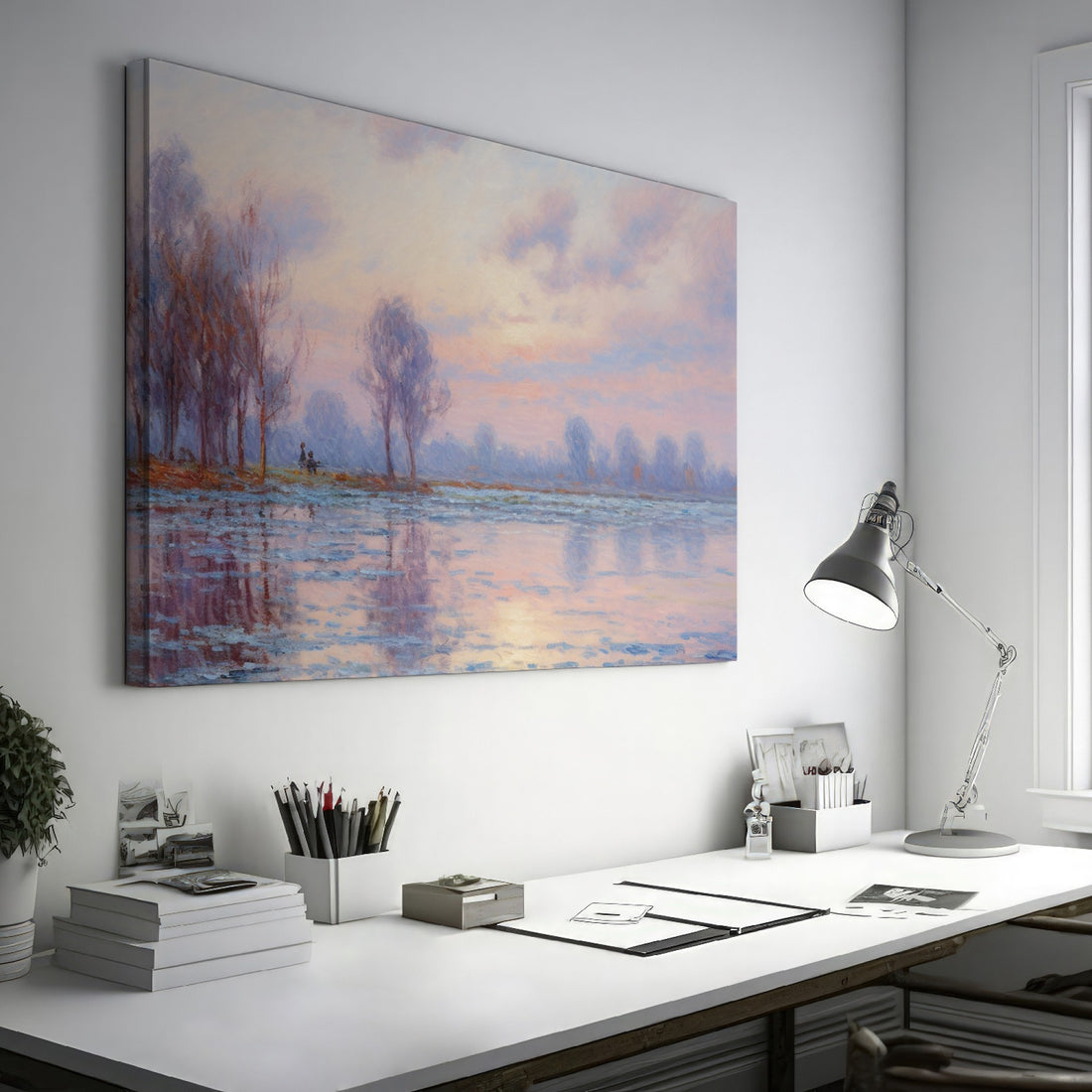 Pastel-hued landscape painting of a sunrise with reflections in the water and silhouetted trees.