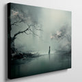 Framed canvas print of a mystical figure amidst ethereal trees and reflective waters, in pastel shades of blue and grey