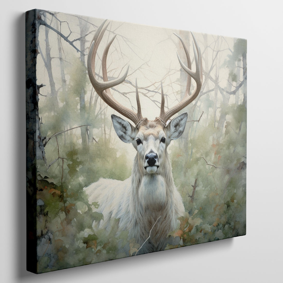 Framed canvas print of a majestic stag with elegant antlers in a tranquil autumn forest scene