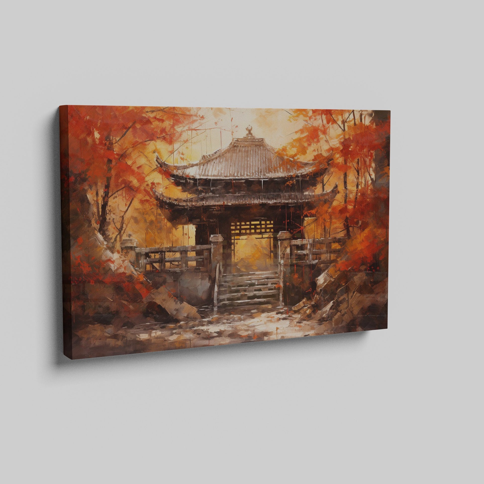 Canvas art of a traditional Asian temple surrounded by red and orange autumn leaves