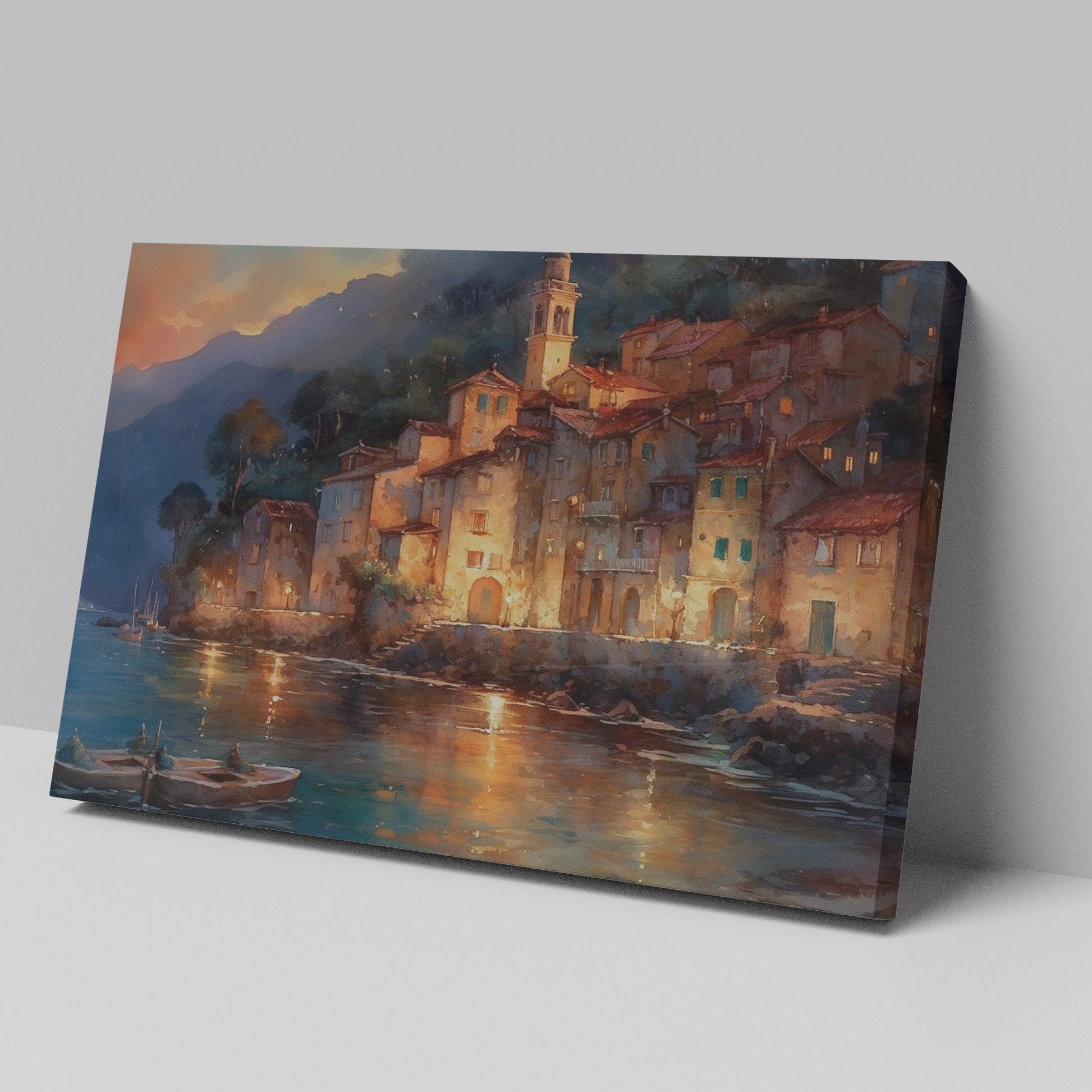 Framed canvas print of a watercolour Mediterranean village at twilight with reflections on the sea