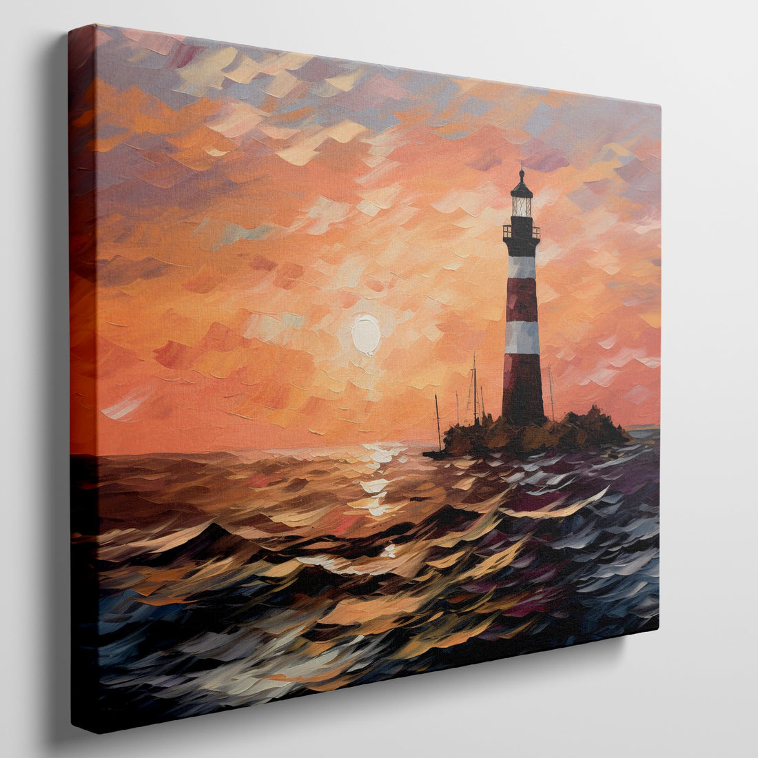 Framed canvas print of a lighthouse at sunset with vibrant colours and impressionist style