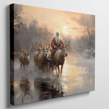 Framed canvas print of Santa Claus with reindeer in a winter sunset landscape