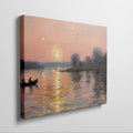 Framed canvas print of an impressionist sunset river scene with canoes and a warm glow