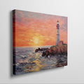 Framed canvas print of a vibrant impasto painting of a lighthouse at sunset with dynamic sea waves and a warm sky