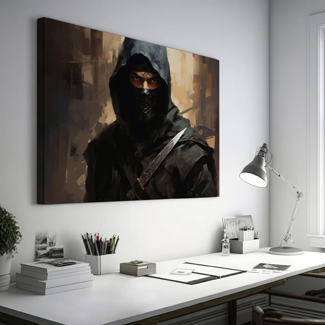 Framed canvas print of a dark and mysterious ninja warrior with intense gaze and sword