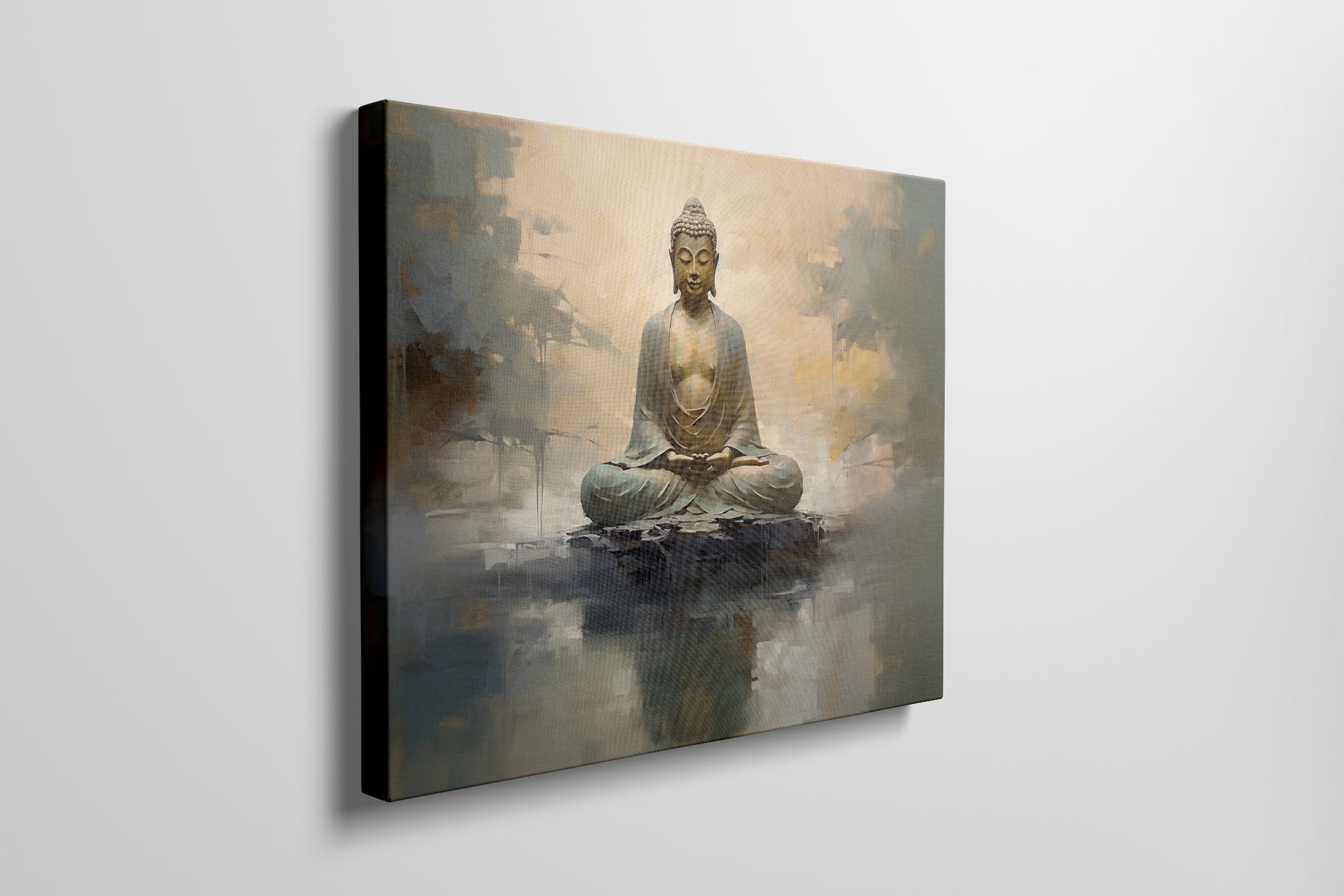 Framed canvas print of a serene Buddha in meditation with abstract golden backgrounds