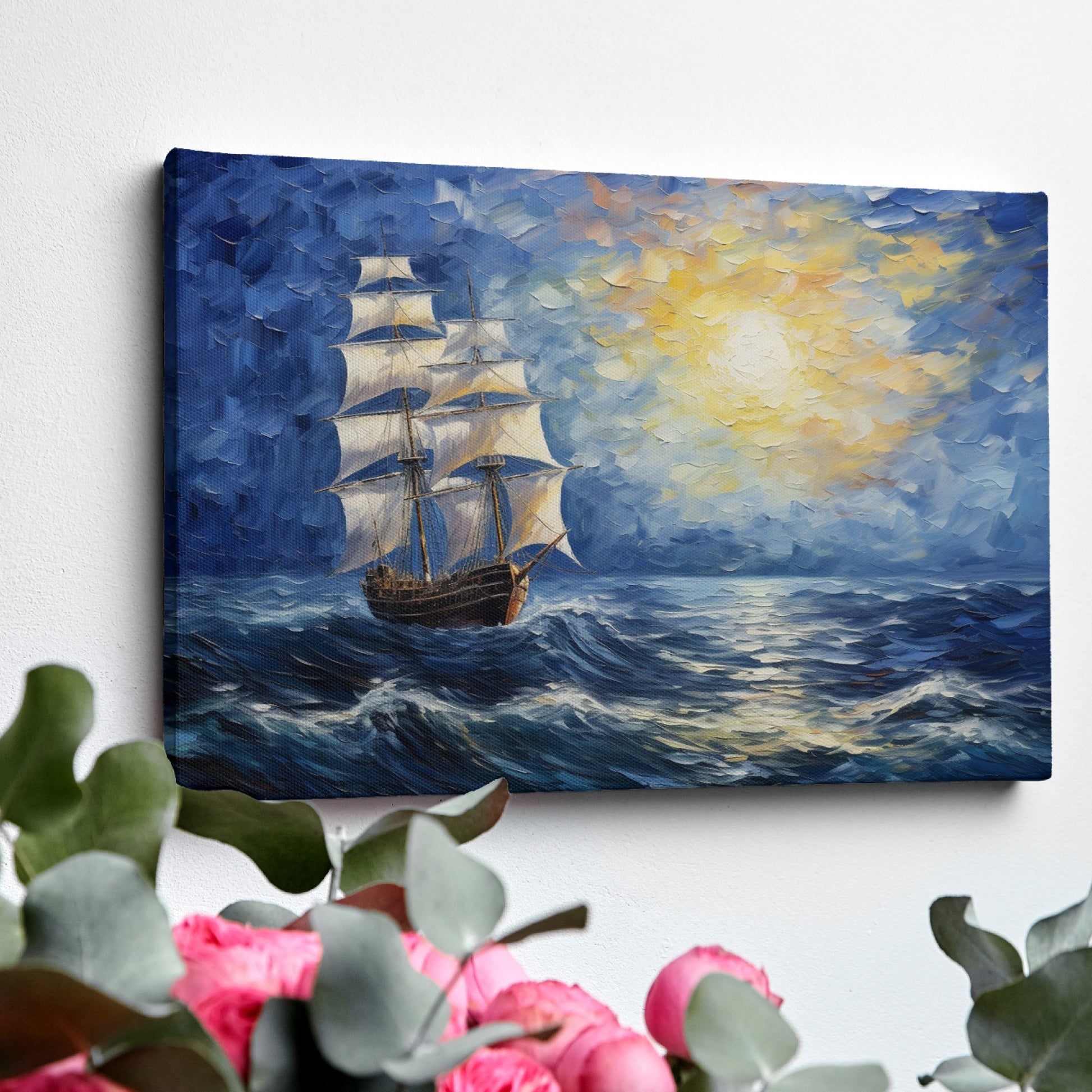 Framed canvas print of a historic sailing ship at sunset with a vibrant seascape