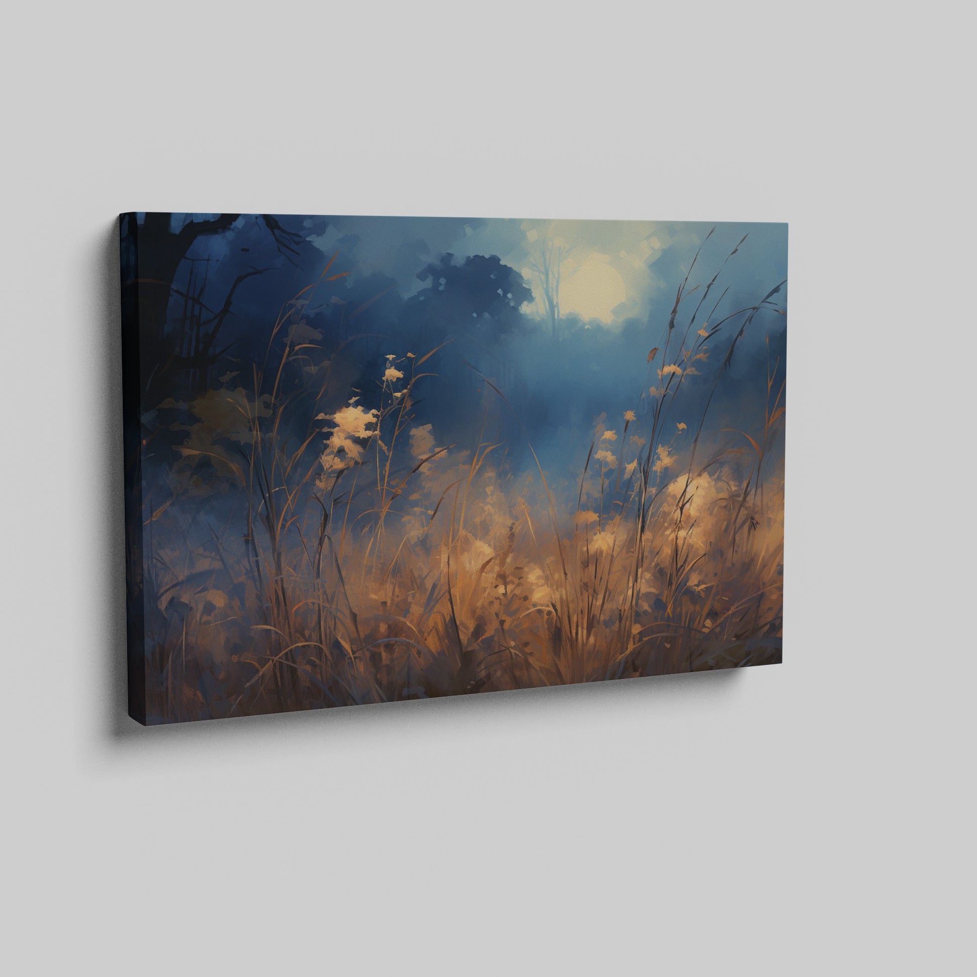 Framed canvas print of an impressionist landscape depicting a misty wilderness at sunrise with a blue and gold colour scheme