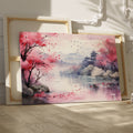 Framed canvas print of Oriental watercolour landscape with pink cherry blossoms, serene lake, and pagoda