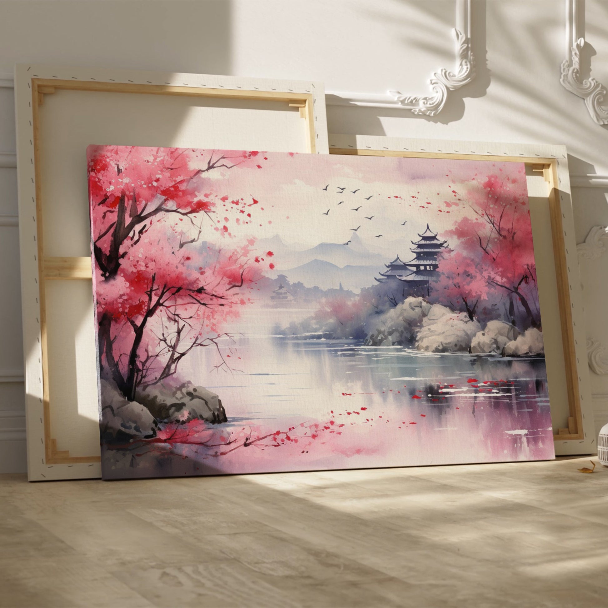 Framed canvas print of Oriental watercolour landscape with pink cherry blossoms, serene lake, and pagoda