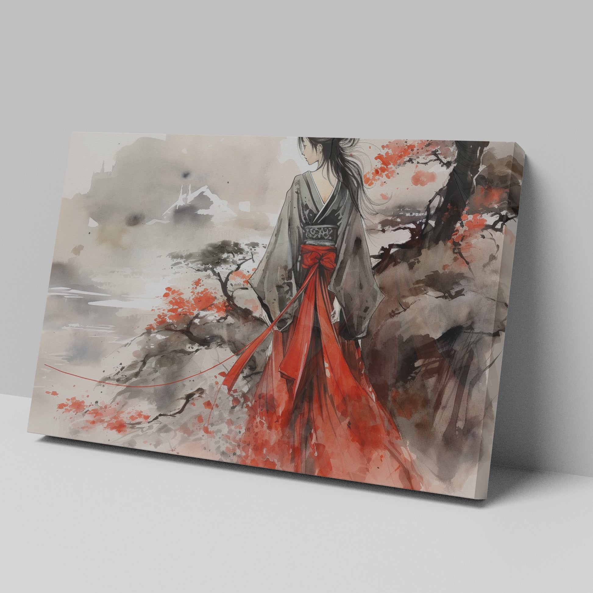 Framed canvas print of a traditional geisha in vibrant red, set against an oriental landscape with ink wash