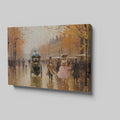 Framed canvas print of a Victorian-era Parisian boulevard in autumn with elegantly dressed figures and a horse-drawn carriage