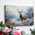 Framed canvas print of a majestic stag in a snowy wilderness, painted in impressionist style with a cool colour palette