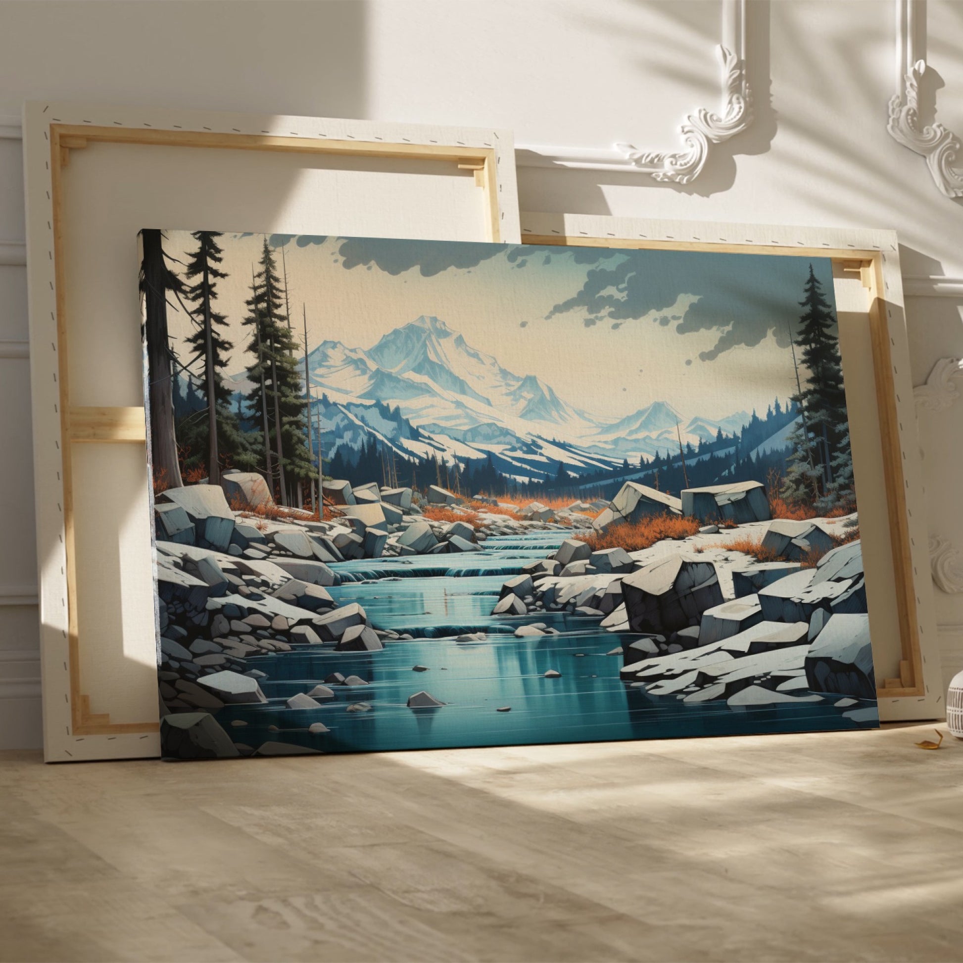 Framed canvas print of a serene mountain landscape with snow-covered peaks, a flowing river, and a forest in digital art style.