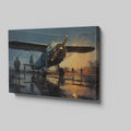 Framed canvas print of vintage warplane at a reflective wet airfield during twilight