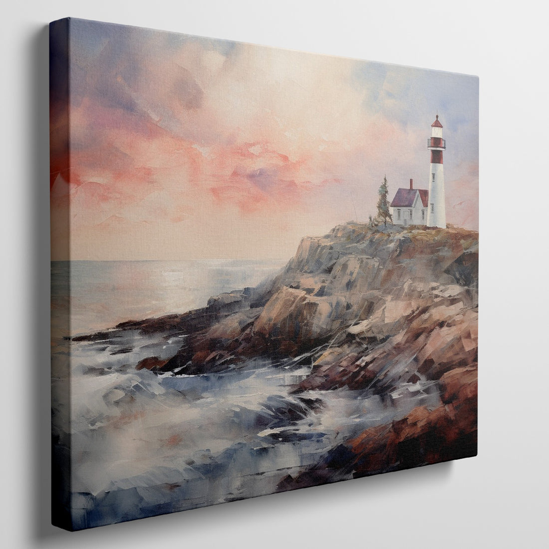 Framed canvas print of an impressionist lighthouse at sunset with vibrant colours