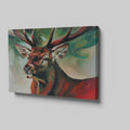 Framed canvas print of an expressive stag portrait with vibrant reds and abstract green background