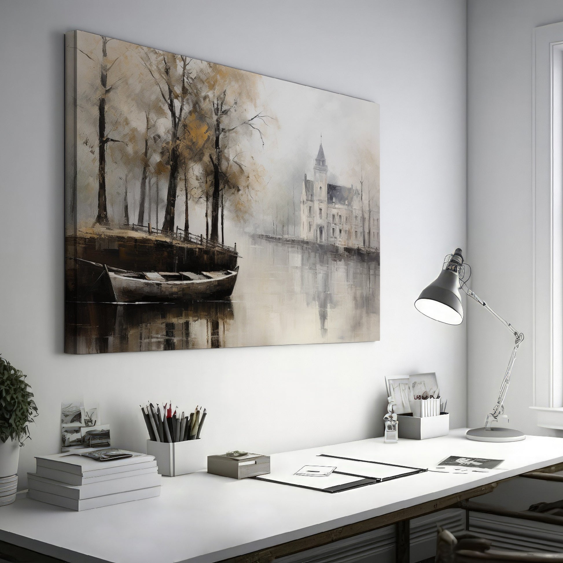 Framed canvas print of a historic chateau reflected on a lake with autumn trees and a rowboat in a misty scene