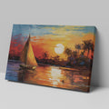 Framed canvas print of an Impressionist sailboat sailing at sunset with vibrant orange and blue colors