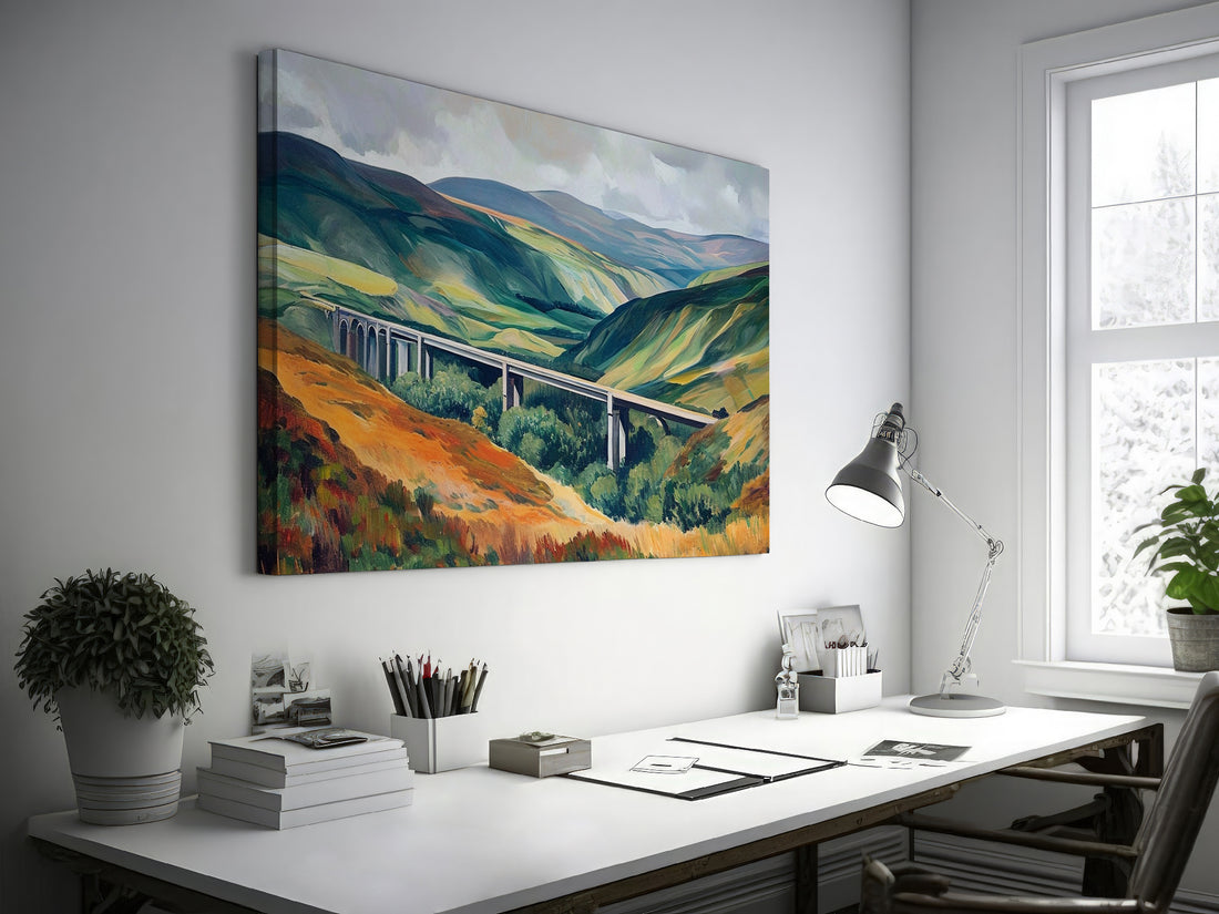 Framed canvas print of a pastoral landscape with a viaduct bridge over a scenic valley