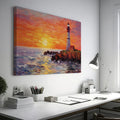 Framed canvas print of a vibrant impasto painting of a lighthouse at sunset with dynamic sea waves and a warm sky