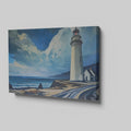 Framed canvas print of a coastal lighthouse with vibrant blue skies and ocean