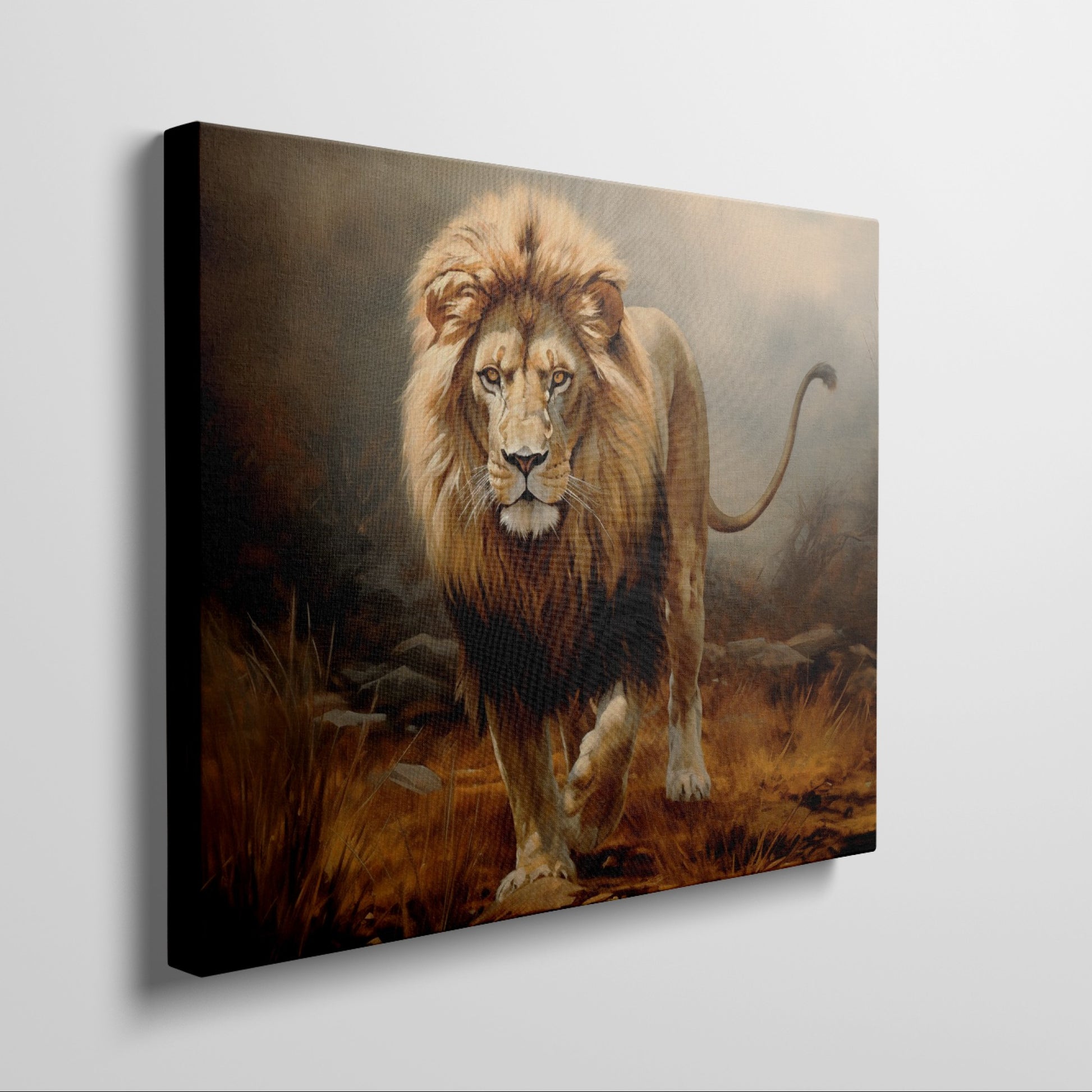 Framed canvas print of a regal lion striding through the misty savannah