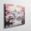 Framed canvas print of Asian landscape with cherry blossoms and misty mountains