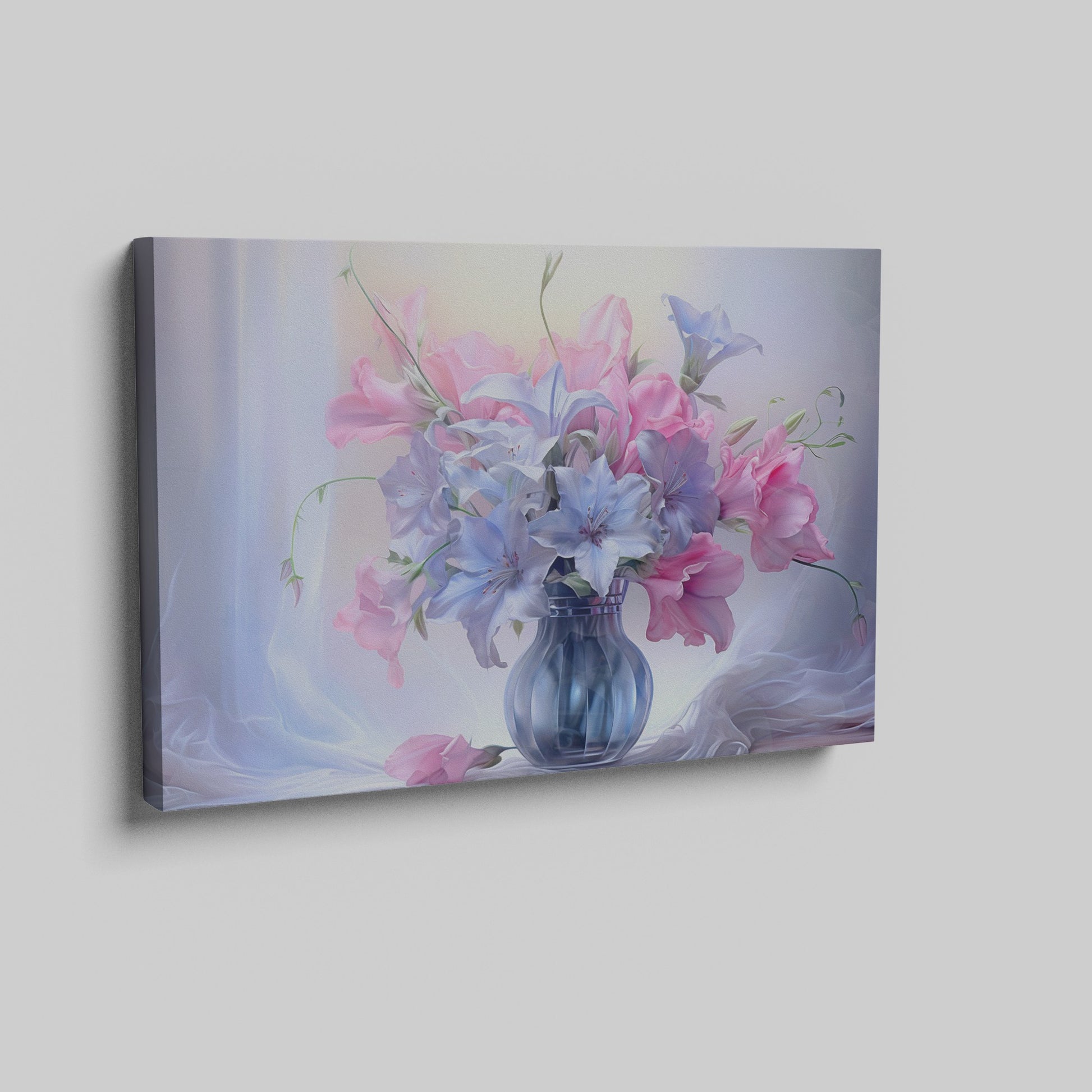 Framed canvas print of a realistic floral still life with pastel pink and blue flowers in a vase