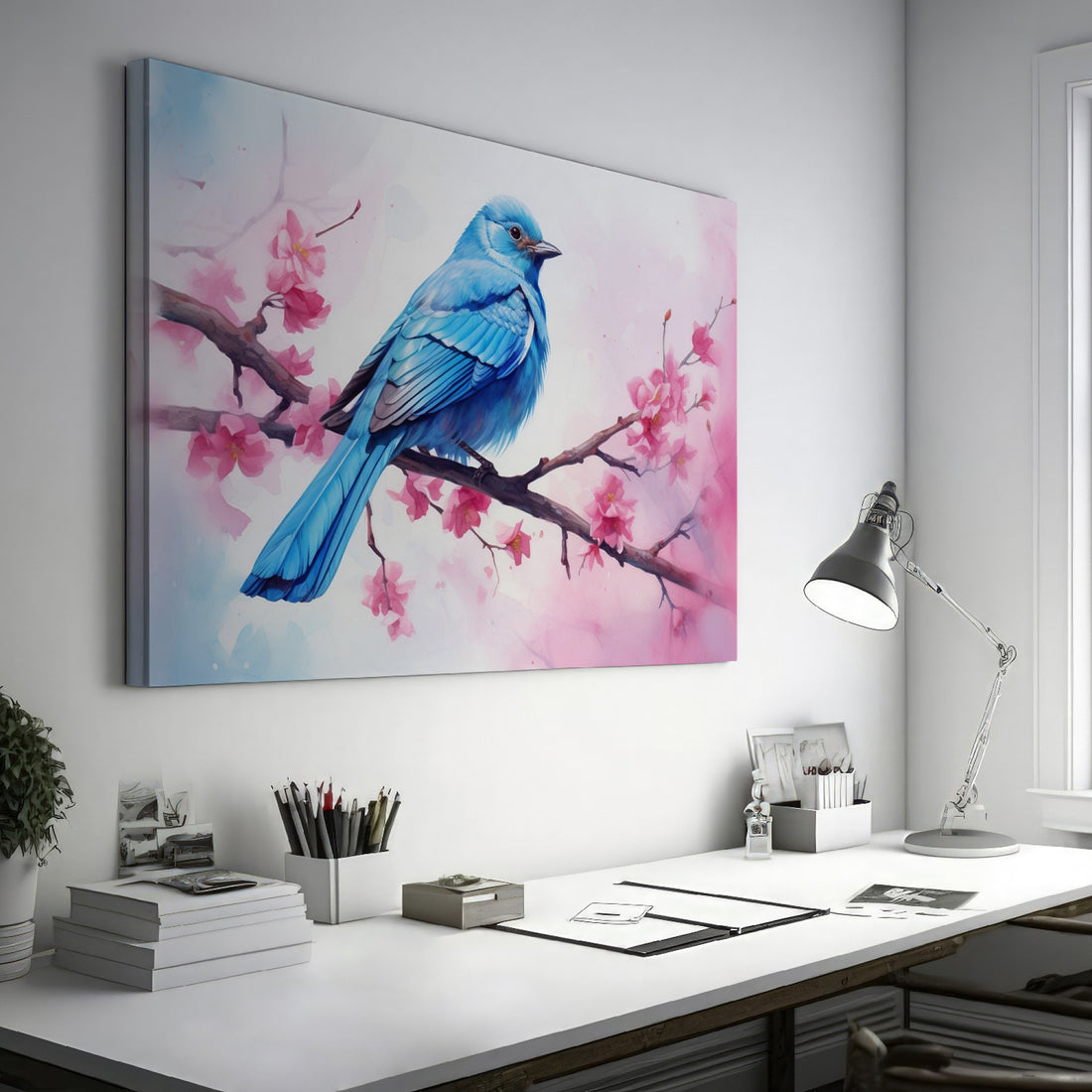 Framed canvas print of a bluebird and cherry blossoms in pastel watercolour