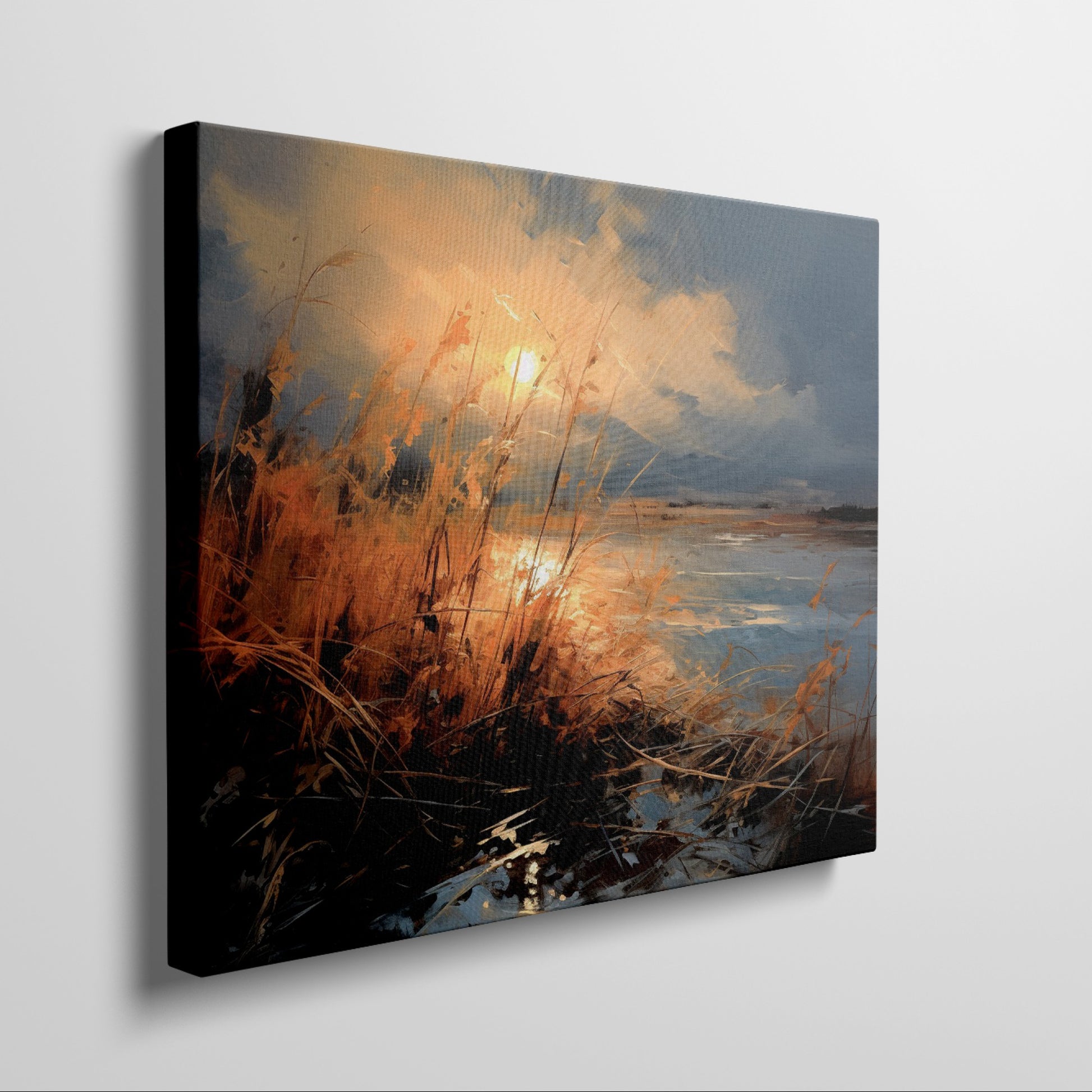 Framed canvas print of impressionist sunset with vivid brushstrokes in golden and blue