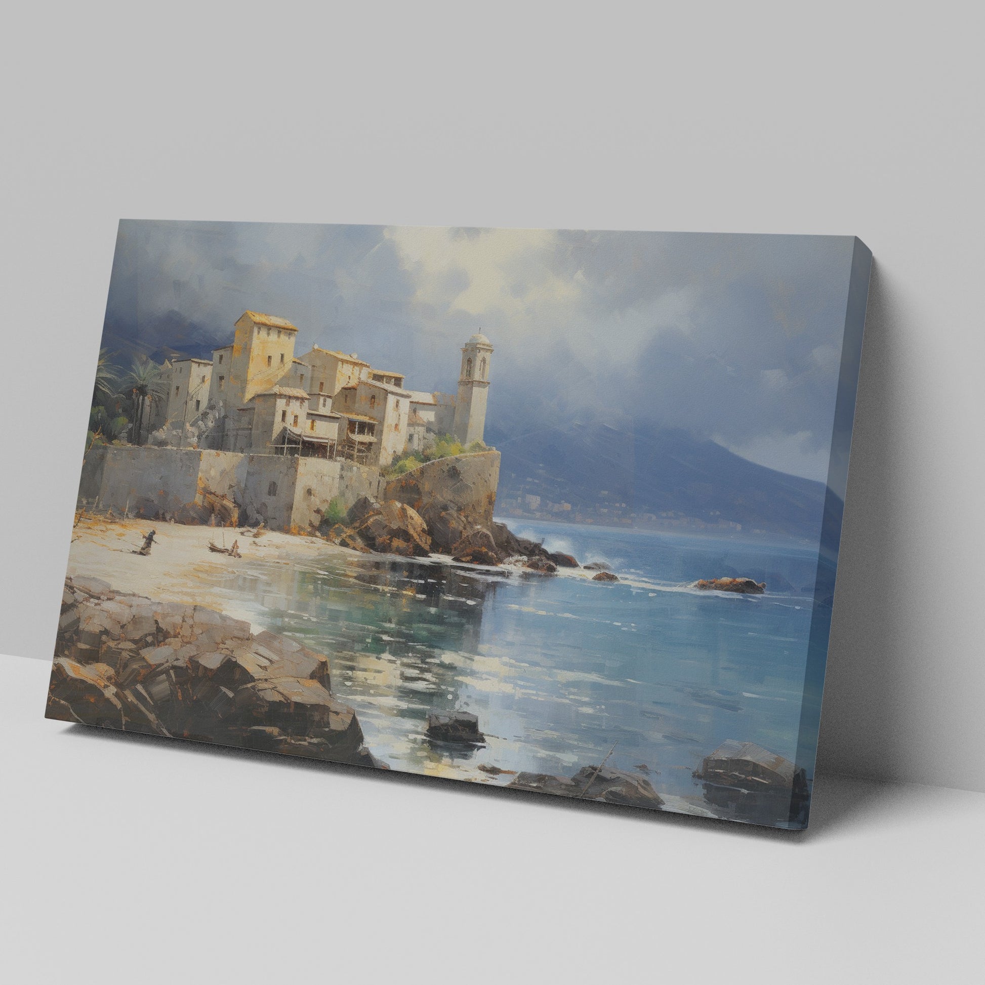 Framed canvas print of a Mediterranean coastal scene with historic buildings and calm blue waters